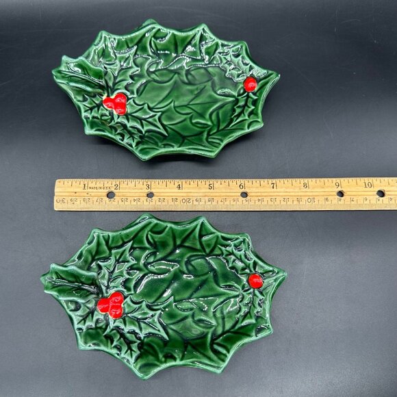 Vintage Trinket Dishes Ashtrays Lefton Holly Berry 1970s Christmas Decor Green - Picture 9 of 9